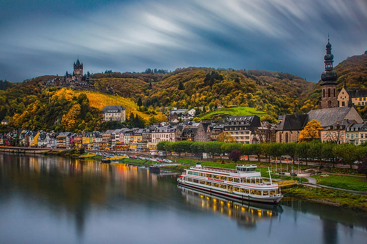 autumn, mountains, the city, castle, shore, Germany, architecture, pond, ship, Cochem, HD wallpaper