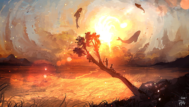 Zweimannschattenbild auf Baum während der orange Sonnenuntergangmalerei, Fantasiekunst, Wal, Sonnenuntergang, Bäume, HD-Hintergrundbild