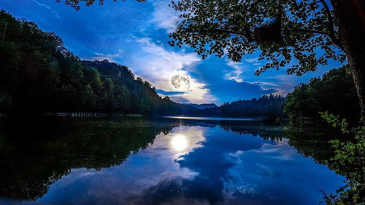 loch, mirrored, reflected, moon, full moon, watercourse, mount scenery, tree, water resources, cloud, reflection, supermoon, wilderness, lake, river, body of water, nature, water, sky, HD wallpaper