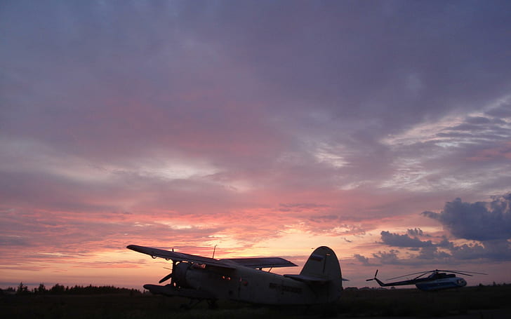 Sunrise Over Sibirian Airfield, aircraft, helicopter, airfield, sunrise, sibirian airfield, 3d and abstract, HD wallpaper