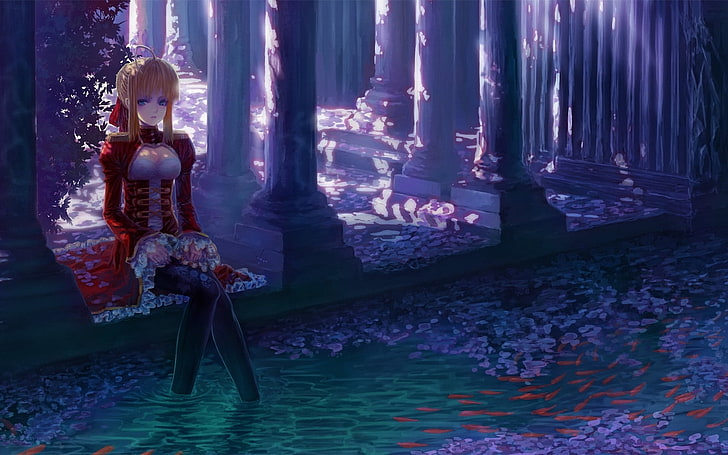 Аниме девушка сидит возле пруда, аниме девушка в красном платье иллюстрации, аниме / анимированные, вода, рыба, озеро, анимированные, девушка, сидя, HD обои