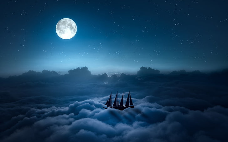 grafika przedstawiająca łódź i chmury, sztuka cyfrowa, statek, Księżyc, chmury, noc, Tapety HD
