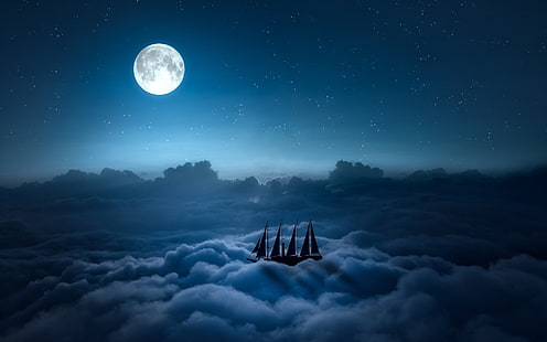 opera d'arte di barca e nuvole, arte digitale, nave, luna, nuvole, notte, Sfondo HD HD wallpaper
