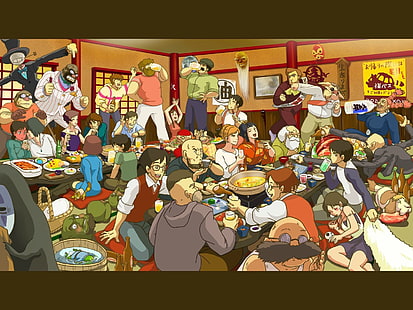 personagens animados dentro do papel de parede digital da sala, Hayao Miyazaki, Studio Ghibli, Howl's Moving Castle, Castelo no Céu, Nausicaa do Vale do Vento, Spirited Away, Princesa Mononoke, My Neighbour Totoro, Porco Rosso, anime, HD papel de parede HD wallpaper