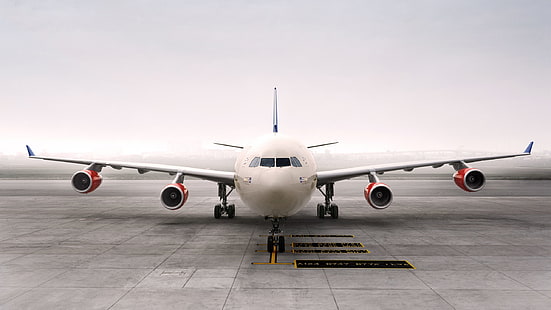 Vista frontale dell'aeromobile Airbus A340, aeroporto, Airbus, aereo, anteriore, vista, aeroporto, Sfondo HD HD wallpaper