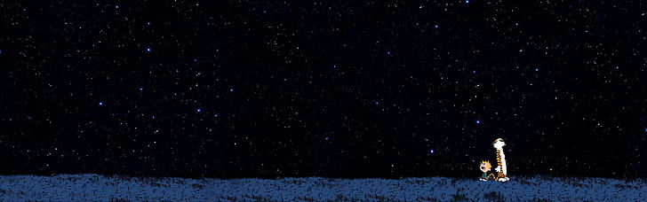 Calvin und Hobbes, Sternennacht, Doppelmonitore, Sterne, Mehrfachanzeige, einfacher Hintergrund, HD-Hintergrundbild