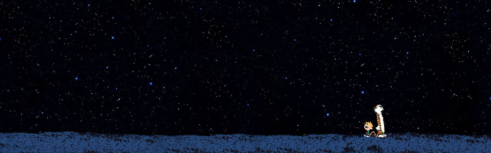 Кальвин и Гоббс, звездная ночь, двойные мониторы, звезды, несколько дисплеев, простой фон, HD обои HD wallpaper