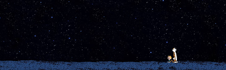 бежова илюстрация на космически кораб, Калвин и Хобс, звезди, звездна нощ, прост фон, множество дисплеи, двойни монитори, HD тапет
