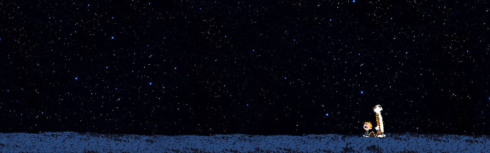 ilustração de nave espacial bege, Calvin e Hobbes, estrelas, noite estrelada, plano de fundo simples, exibição múltipla, monitores duplos, HD papel de parede HD wallpaper