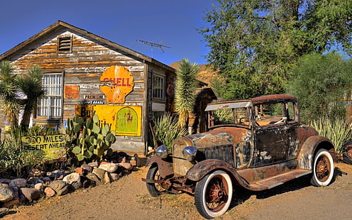 vintage rusted steel coupe, car, old car, Rat Rod, wreck, Oldtimer, house, old, vintage, HD wallpaper HD wallpaper