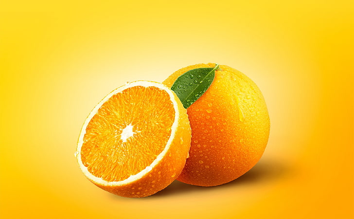 Апельсиновые фрукты, Еда и напитки, Половина, Оранжевый, Желтый, Свежий, Фрукты, Еда, Капли воды, digitalart, фотоманипуляция, витамины, Ретушь, HD обои