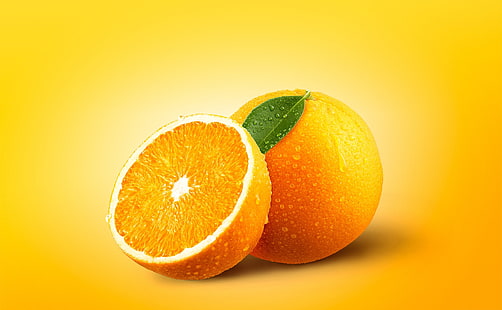 Orange frukt, mat och dryck, halv, orange, gul, färsk, frukt, mat, vattendroppar, digital konst, fotomanipulation, vitaminer, retuschering, HD tapet HD wallpaper