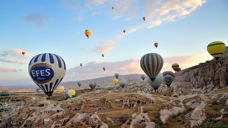 baloon, hill, houses, sky, europe, hot air balloon, turkey, balloons, landscape, HD wallpaper