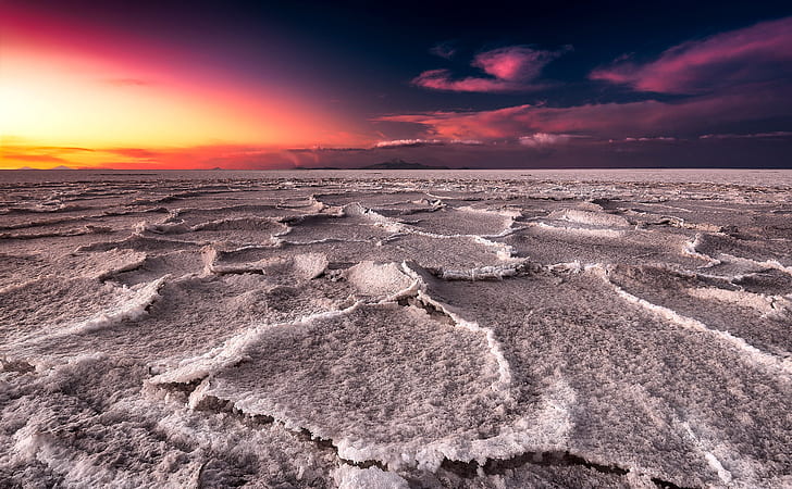 غروب الشمس ، البحيرة ، الملح ، سالار دي أويوني ، بوليفيا، خلفية HD