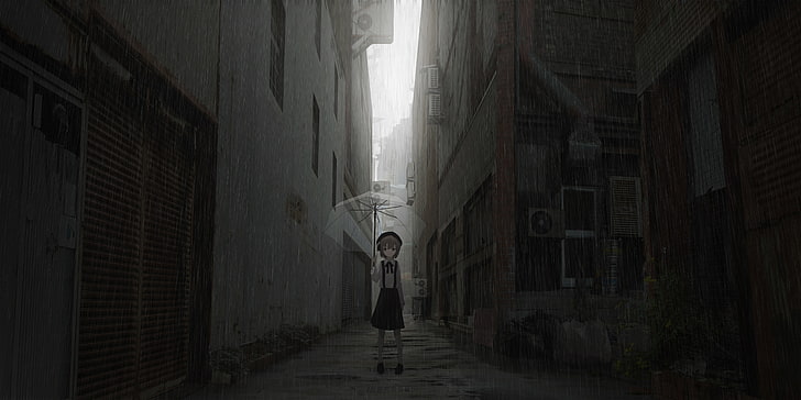 하 토바 츠구, 채널, 비가, 뒷골목, 우산, 애니메이션, HD 배경 화면