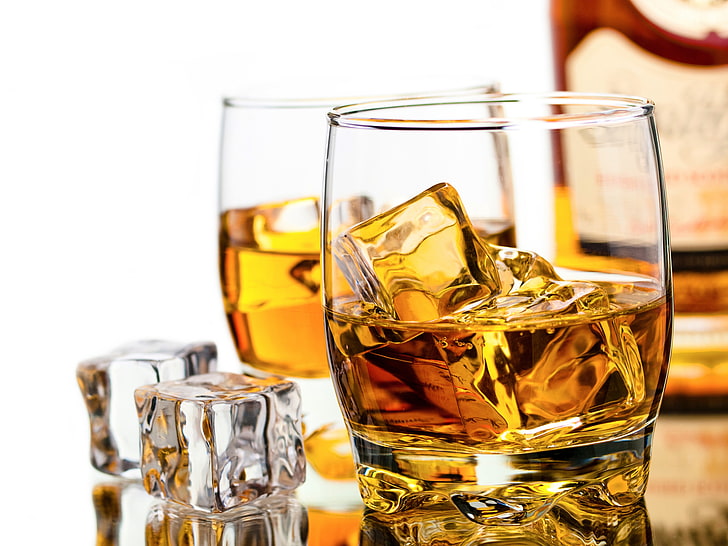 two clear drinking glasses, ice, cubes, bottle, glasses, whiskey, HD wallpaper