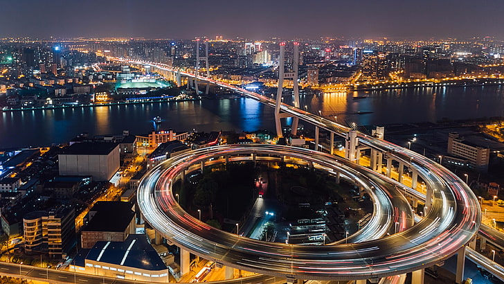 shanghai, nanpu bridge, huangpu river, river, bridge, china, asia, city lights, cityscape, HD wallpaper