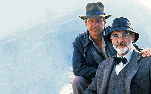 Indiana Jones and the Last Crusade, Harrison Ford, Sean Connery, filmy, Indiana Jones, kapelusz, patrząc na widza, Tapety HD HD wallpaper