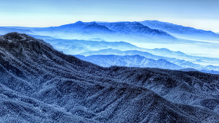 Brouillard, Bleu, 4K, Montagnes, Fond d'écran HD