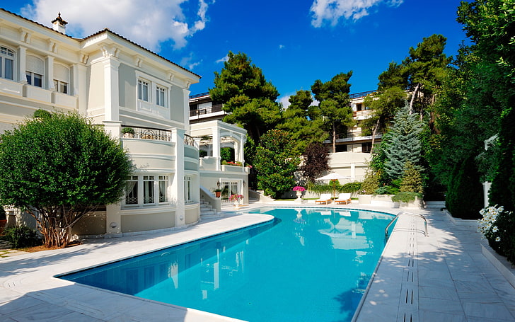 casa de 2 pisos de concreto blanco, piscina, cabaña, relax, casa, Fondo de pantalla HD