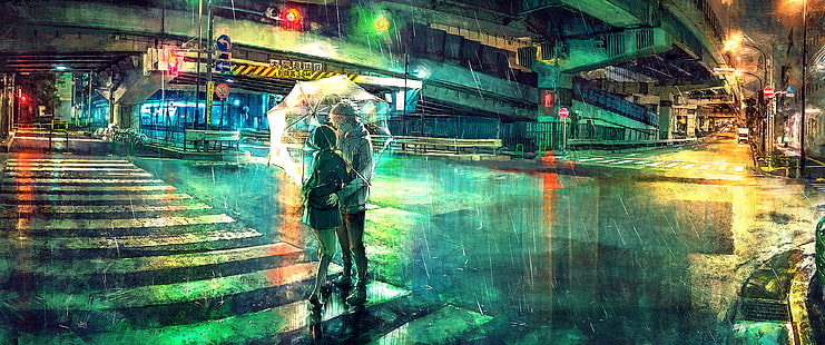 ultra-wide, anime boys, ultrawide, anime girls, anime, lights, rain, colorful, umbrella, overpass, night, HD wallpaper HD wallpaper