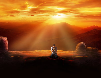 człowiek, modlitwa, wiara, zachód słońca, Tapety HD HD wallpaper
