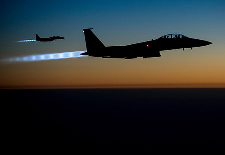 два самолета обои, самолет, реактивный истребитель, силуэт, ночь, военный самолет, F-15 Eagle, HD обои HD wallpaper