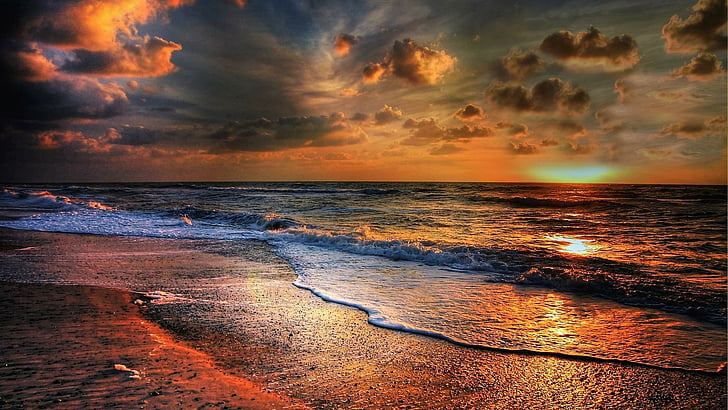 море, закат, море, небо, горизонт, пляж, берег, океан, волна, облако, послесвечение, вода, отражение, вечер, золотой час, фотография, HD обои