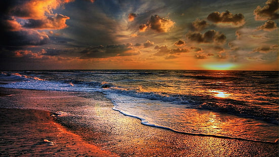 seaside, sunset, sea, sky, horizon, beach, shore, ocean, wave, cloud, afterglow, water, reflection, evening, golden hour, photography, HD wallpaper HD wallpaper