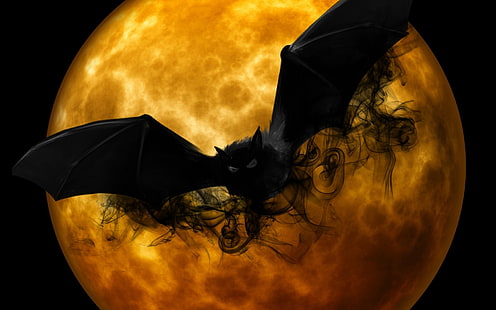 Праздник, Хэллоуин, Летучая мышь, Черный, Темный, Луна, Оранжевый, Жуткий, HD обои HD wallpaper