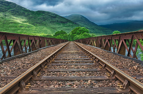 brun järnväg, järnväg, skenor, berg, hdr, HD tapet HD wallpaper