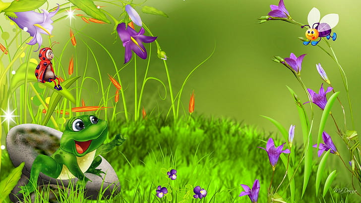 Wunderl, firefox persona, wonderland, frog, rock, grass, cute, bugs, whimsical, green, flowers, spring, HD wallpaper