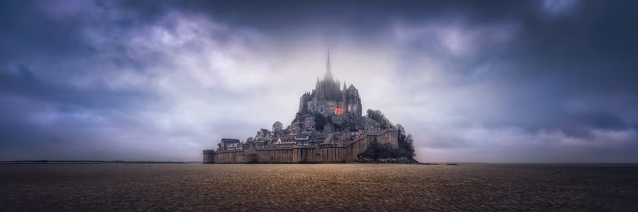небето, скала, Франция, панорама, крепост, Нормандия, Мон-Сен-Мишел, Мон Сен-Мишел, HD тапет HD wallpaper