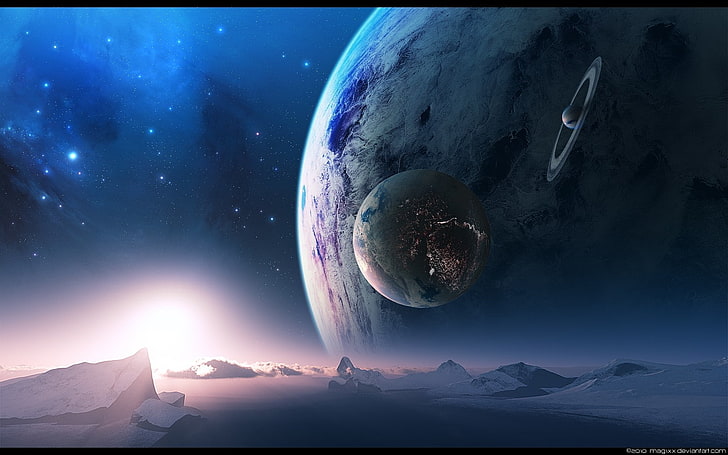 espacio exterior estrellas planetas anillos arte digital ciencia ficción paisajes extraterrestres lunas de aterrizaje 1500x9 Space Moons HD Art, estrellas, espacio exterior, Fondo de pantalla HD