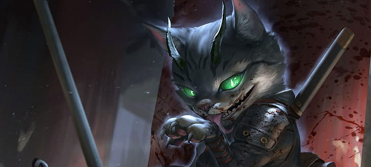 face, claws, horns, licked, Tomcat, burning eyes, blood spatter, hell of a grin, Cat assassin, Ruby Siswanto, Hex, HD wallpaper