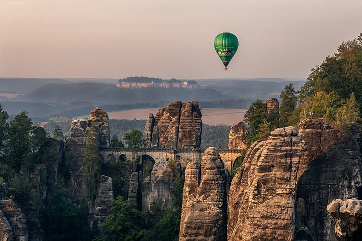 bridge, balloon, rocks, Germany, Saxony, HD wallpaper