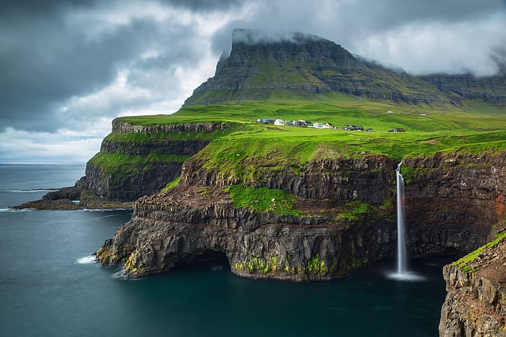 sea, mountains, rocks, waterfall, the village, Faroe Islands, HD wallpaper