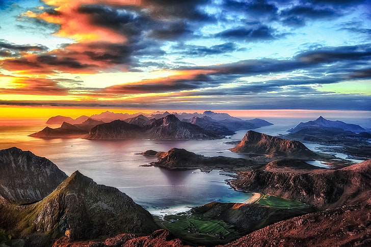 beach, clouds, landscape, Lofoten Islands, mountain, nature, Norway, sea, sky, summer, sunset, HD wallpaper