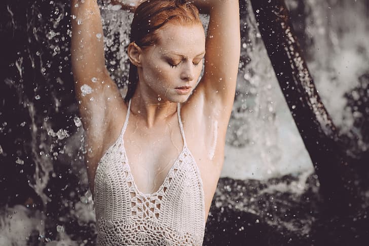 girl, squirt, pose, waterfall, hands, David Olkarny, HD wallpaper