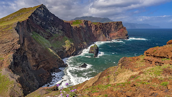 побережье, скалы, Мадейра, мыс, мыс, скалы, море, горная порода, залив, Атлантический океан, архипелаг, Португалия, HD обои HD wallpaper