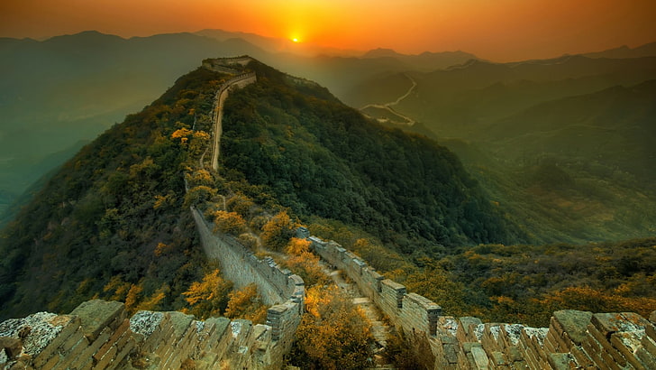green mountain, Great Wall of China, architecture, sunset, hills, nature, HD wallpaper
