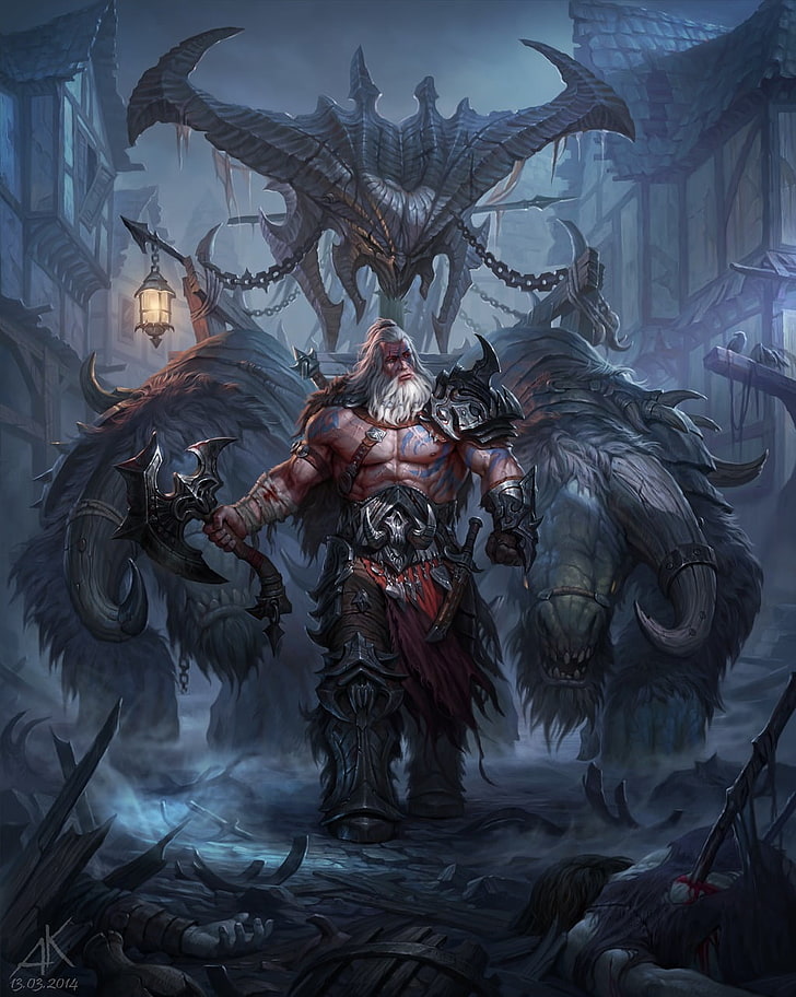 мужчина держит топор обои, Diablo III, видеоигры, варвар, произведение искусства, HD обои, телефон обои