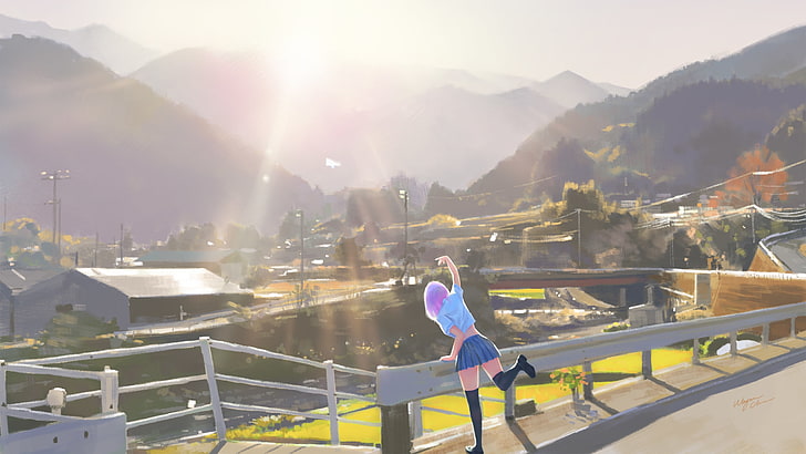 gadis anime, seragam sekolah, tampilan belakang, desa, sinar matahari, pemandangan, lukisan, Anime, Wallpaper HD