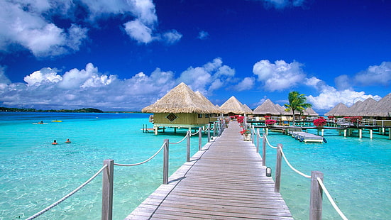 Таити Бора Бора Френска Полинезия Бунгала Дървени куки, покрити със сламен пясъчен плаж HD тапет Високо качество 3840 × 2160, HD тапет HD wallpaper