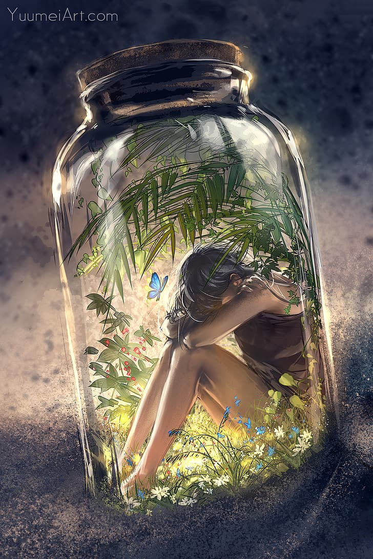 Yuumei, drawing, jar, women, crying, plants, butterflies, fantasy art, HD wallpaper