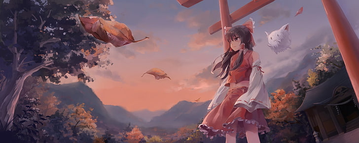 Anime Girls, Touhou, Gebäude, Hakurei Reimu, japanische Kleidung, Miko, Schrein, Blätter, Sonnenuntergang, HD-Hintergrundbild
