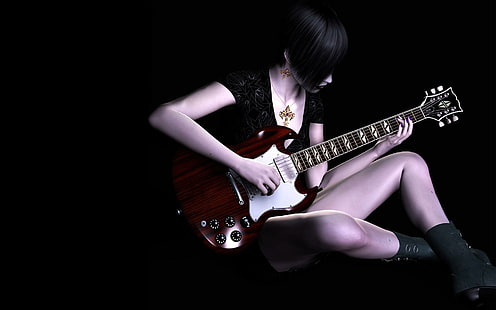 Lettore musicale, chitarra acustica rossa e bianca, astratto, chitarra, giocatore, ragazza, 3d, musica, 3d ed estratto, Sfondo HD HD wallpaper