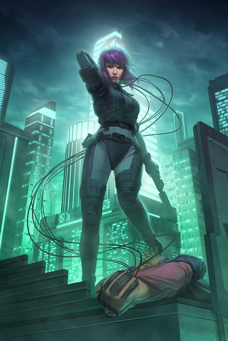Ghost in the Shell character, Ghost in the Shell, Kusanagi Motoko, cyborg, science fiction, anime, blue hair, city, fan art, building, night, hacking, HD wallpaper