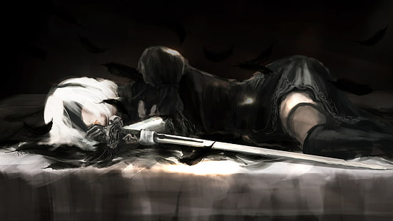 Video Game, NieR: Automata, Black Dress, Feather, Girl, Lying Down, Short Hair, Sword, White Hair, HD wallpaper HD wallpaper