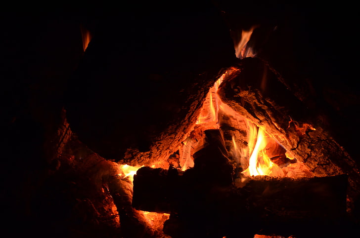 campfire, fire, orange, wood, HD wallpaper